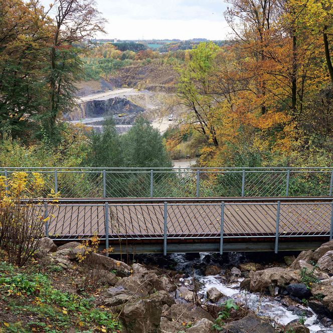 Brücke und Blick auf einen Steinbruch umsäumt von herbstlichen Bäumen im Landschaftspark Eigenerbach bei Velbert