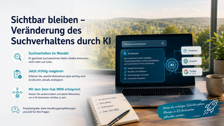 Grafik zum Webinar „Sichtbar bleiben“ mit Laptop und KI-Suche zum Urlaub im neanderland sowie Hinweisen zu ChatGPT, Perplexity, Google KI-Suche und Data Hub NRW.