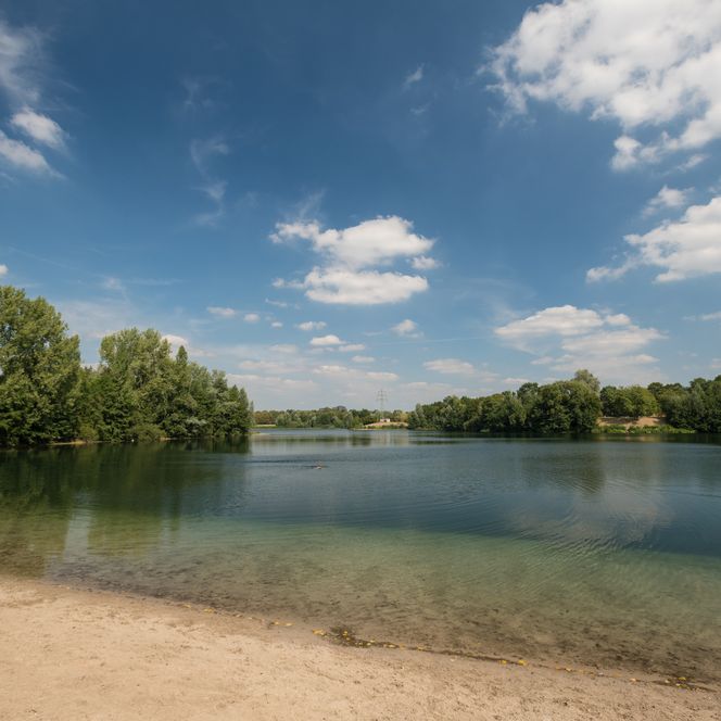 Strandufer am Silbersee - Grüner See in Ratingen mit umsäumenden Bäumen und blauem Himmel mit einigen Wolken