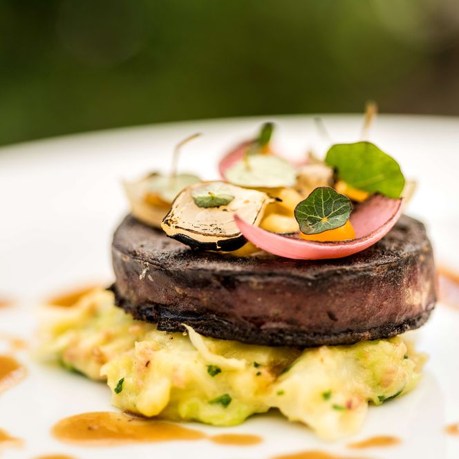 Nahaufnahme einer Speise auf weißem Teller, bestehend aus Kartoffelbrei, Fleisch und Zwiebeln, frisch zubereitet aus der Sterneküche des Restaurants Haus Stemberg in Velbert 