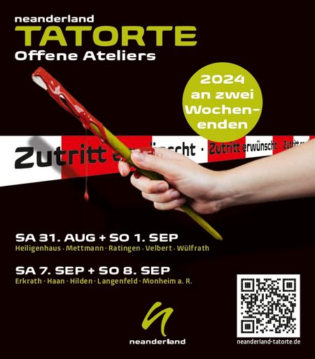 Pinsel mit roter Farbe vor schwarzem Hintergrund und Absperrband mit Schriftzug zu den neanderland Tatorten