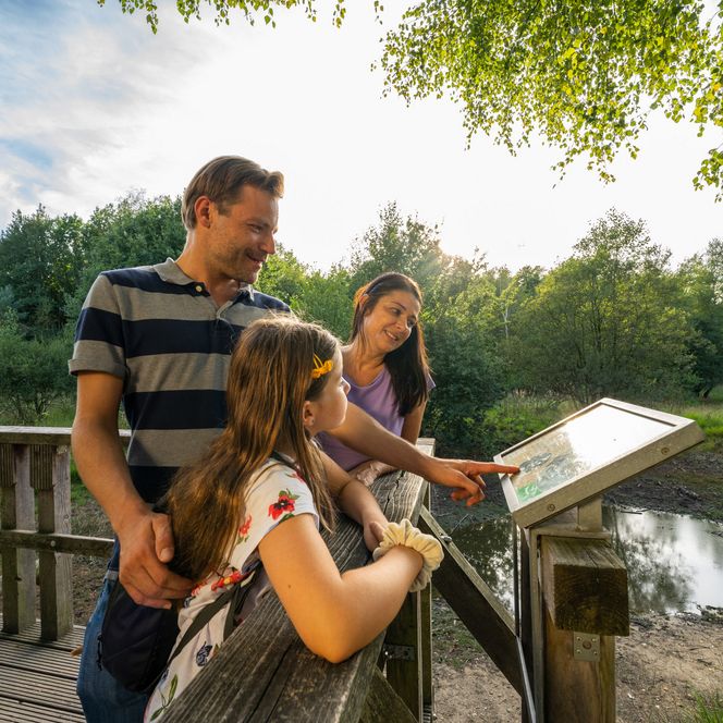 Eine Familie studiert die Wanderkarte in der Natur