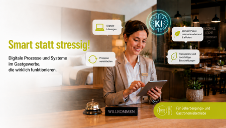 Grafik zum Webinar „Smart statt stressig!“ mit Hotelmitarbeiterin am Tablet und Hinweisen zu digitalen Lösungen, vereinfachten Prozessen und nachhaltigen Entscheidungen im Gastgewerbe.