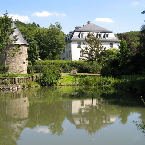 Vista esterna laterale dell'edificio bianco, della torre e dello stagno del castello di Hardenberg a Velbert-Neviges