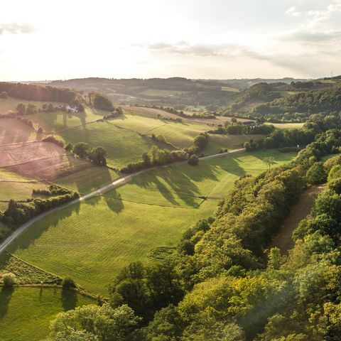 Immagine widescreen dell'Elfringhauser Schweiz vicino a Velbert con campi, fattorie e alberi da una prospettiva a volo d'uccello