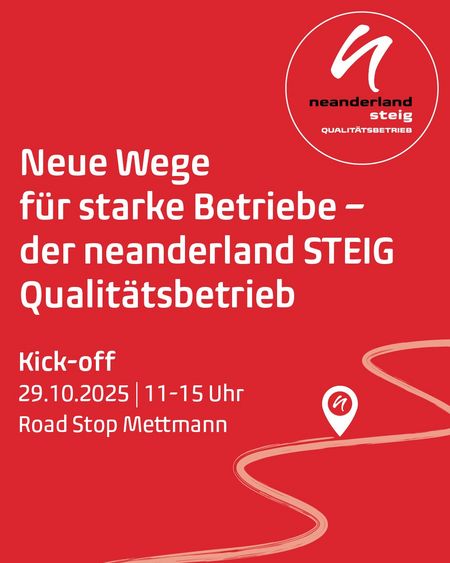 Kick-off neanderland STEIG Qualitätsbetriebe Weiße Schrift auf rotem Hintergrund mit Infos zum Kick-off der neanderland STEIG Qualitätsbetriebe