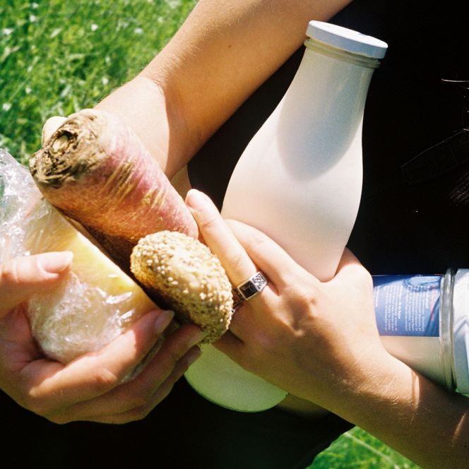 Hände halten Lebensmittel wie Milch und Käse und Karotte.