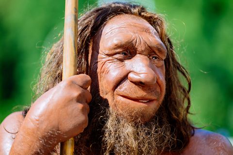 Primo piano della figura di Neanderthal all'esterno su sfondo verde al Museo di Neanderthal a Mettmann