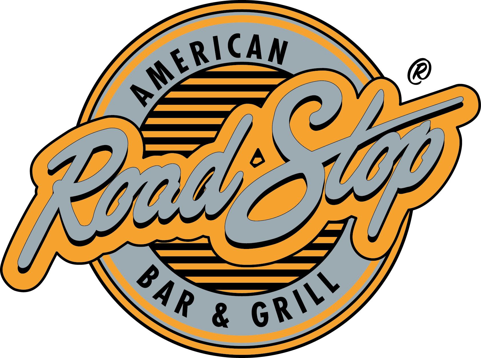 Logo von Road Stop in gelb-grauer Schrift