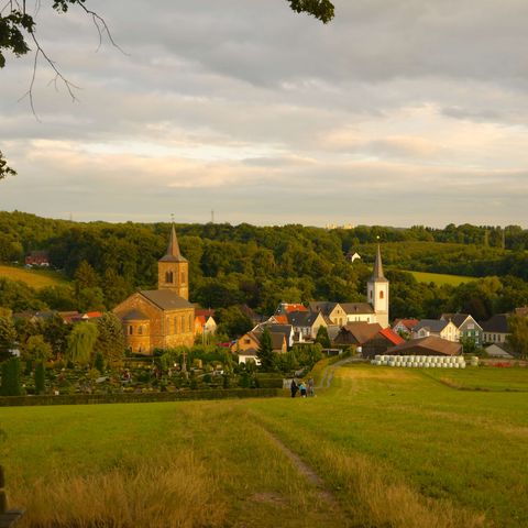 Blick auf den Ort Wülfrath-Düssel mit zwei Kirchen, einer Wiese im Vordergrund und Bäume im Hintergrund