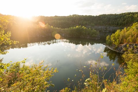 Sonnenangestrahltes Gewässer der von Bäumen umsäumten Schlupkothen im ehemaligen Steinbruch in Wülfrath