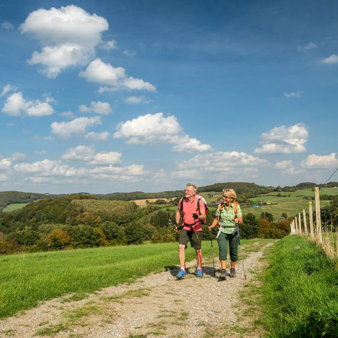 Mann und Frau wandern auf dem neanderland STEIG mit bergischem Panoramablick nahe Velbert