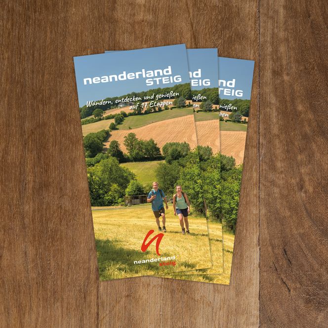 Broschüren vom neanderland STEIG Das Bild zeigt mehrere Flyer vom neanderland STEIG, die aufgefächert auf einem Tisch liegen