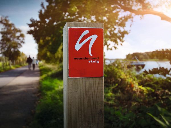 Im Vordergrund die rote Wegemarkierung vom neanderland STEIG, im Hintergrund verschwommen ist links der Wanderweg und rechts der Rhein zu erkennen