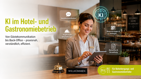 Grafik zum Webinar „KI im Hotel- und Gastronomiebetrieb“ mit Hotelmitarbeiterin am Tablet und Symbolen für Gästekommunikation, Angebote, Reservierungen und Backoffice.